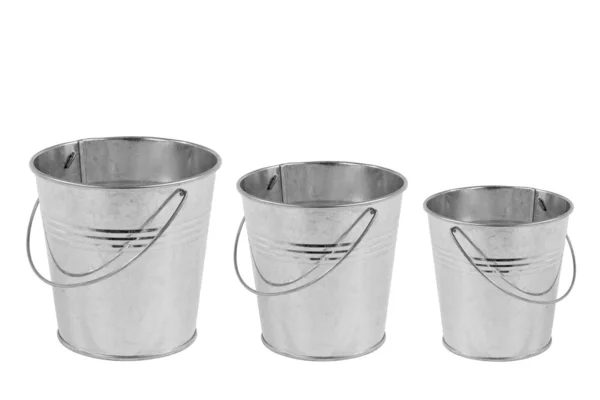 Tři kovové kbelíky — Stock fotografie