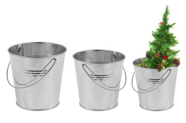 Three metal bucket and a Christmas tree clipart