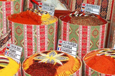 Spices bags on spice bazaar in Turkey clipart