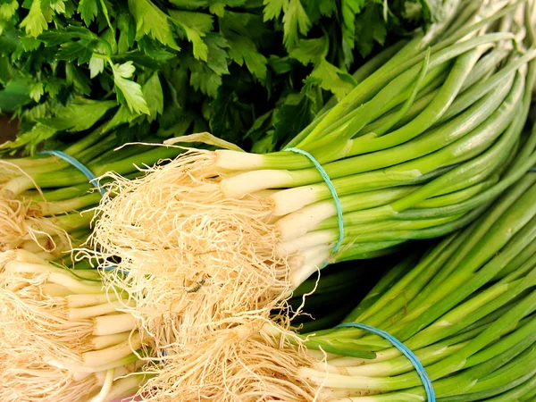 Stock image Onions and herbs laid out for sale