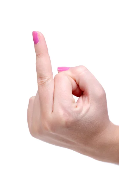 Mano femenina con el dedo medio hacia arriba —  Fotos de Stock