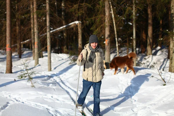 Langlaufen jonge man door het bos — Stockfoto