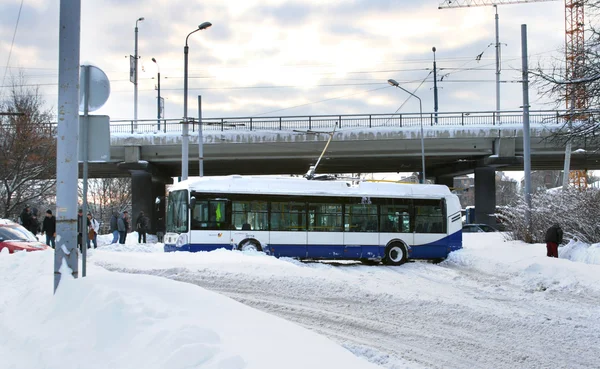 Traffic accident with trolleybus on slippery road — Stock Photo, Image