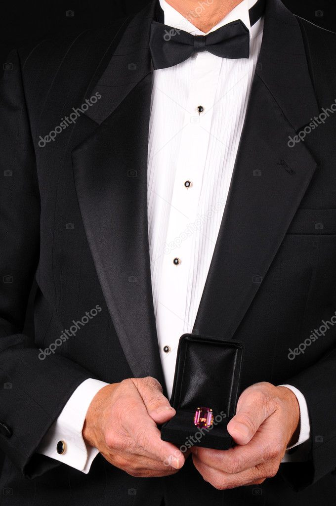 Man in Tuxedo Holding Ring Box