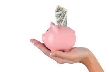 Woman holding Piggy Band with Dollar clipart