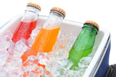 Closeup of three soda bottles in ice chest clipart