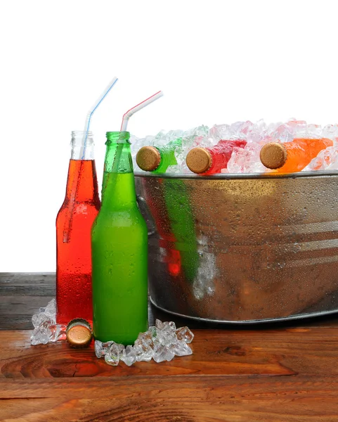 Bucket of Cold Sodas on Wooden Table — Stock Photo, Image