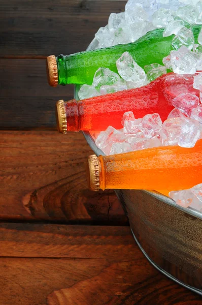Garrafas de refrigerante em balde na mesa de piquenique — Fotografia de Stock