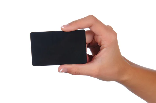 Kobieta trzyma czarny Karta upominkowa — Zdjęcie stockowe
