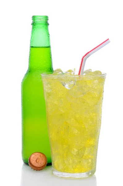 Glass of Lemon Lime Soda with Drinking Straw and Bottle — Stock Photo, Image