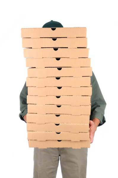 Pizza Man por trás das caixas — Fotografia de Stock