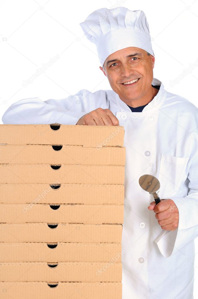 Pizza Chef Leaning on Boxes