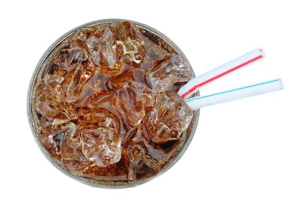 Bovenaanzicht glas cola en rietjes — Stockfoto
