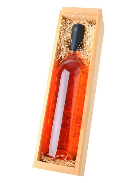 Blush Wine Bottle in Wood Box — Stock Photo, Image
