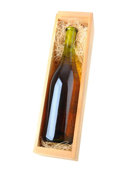 Chardonnay wijn fles in hout vak — Stockfoto