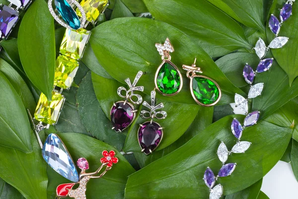Jewelry at green leaves — Stock Photo, Image