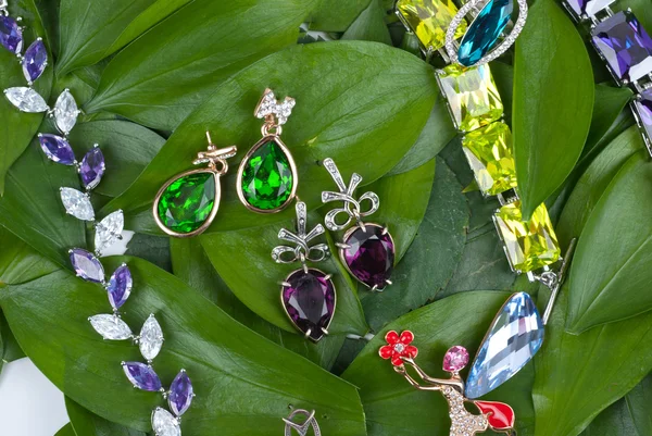 Jewelry at green leaves — Stock Photo, Image