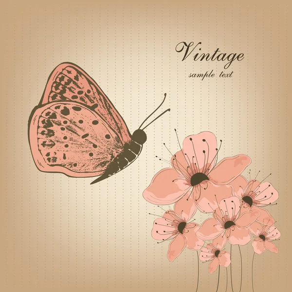 Fond vintage dessiné à la main avec papillon et fleurs — Image vectorielle
