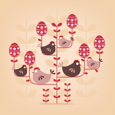 Abstract easter tree with chickens clipart