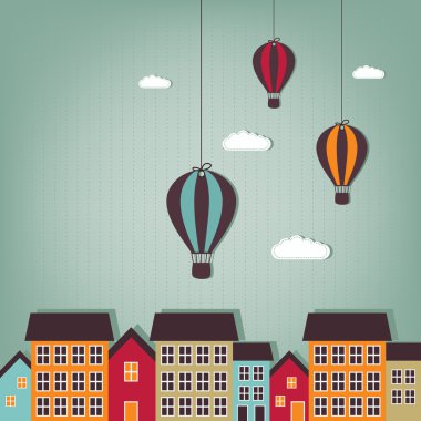 Hot air balloons flying over town - scrap elements clipart