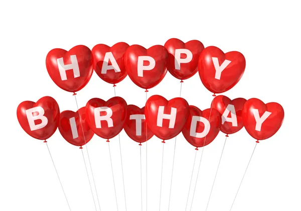 Red Happy Birthday globos en forma de corazón — Foto de Stock