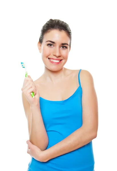 她刷牙的可爱和快乐的女人 — 图库照片