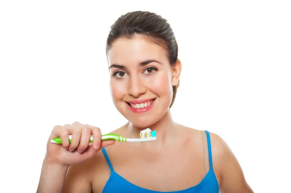 stock image Cute and happy woman brushing her teeth