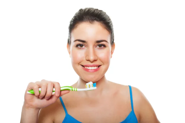 stock image Cute and happy woman brushing her teeth