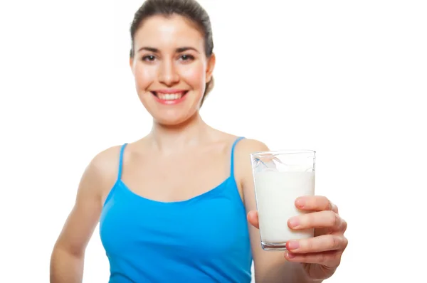 stock image Portrait of a beautiful young adult holding glass of milk