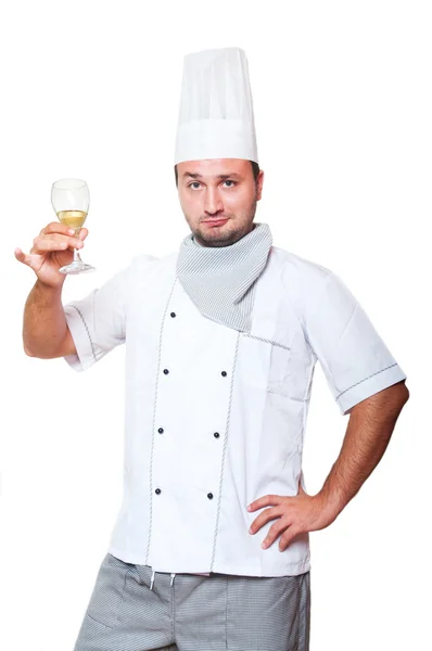 Portret van een chef-kok met een glas wijn — Stockfoto