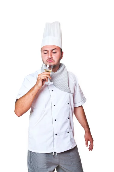 Portret van een chef-kok met een glas wijn — Stockfoto