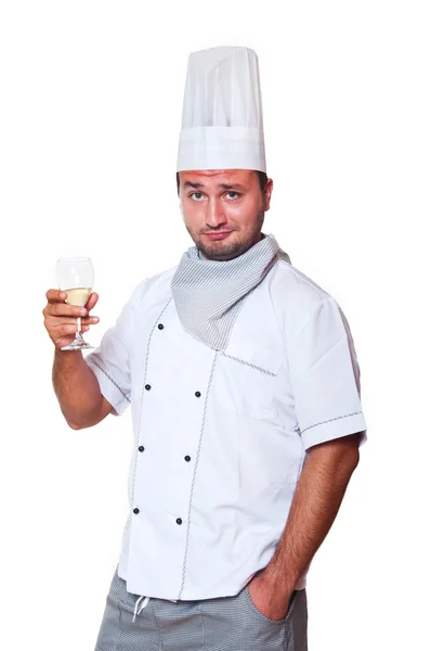 Portrét kuchař drží sklenici vína — Stock fotografie