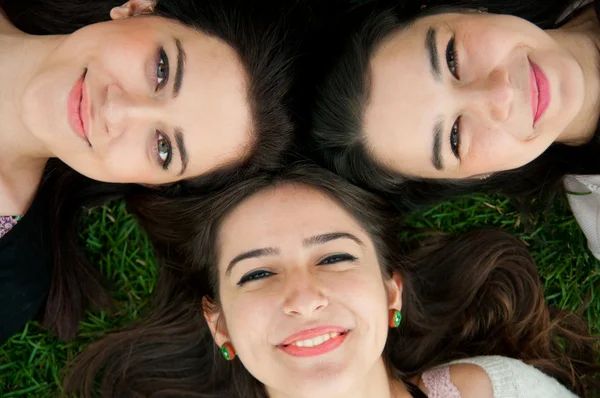 美丽的年轻女性微笑的肖像若いリラックスして、草の上に横たわる — ストック写真