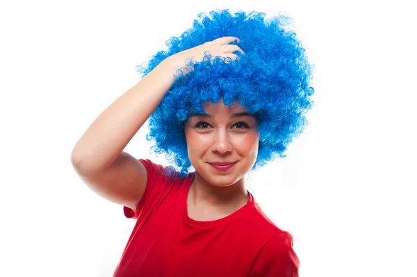 Portrait of a beautiful young female wearing blue curly wig — Stock Photo, Image