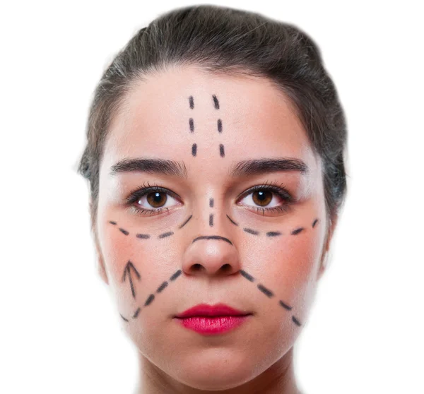 Piękna młoda kobieta o twarzy oznaczone dla chirurgii plastycznej — Zdjęcie stockowe