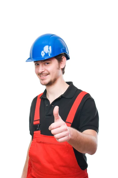 用拇指向上的快乐建筑工人的肖像 — 图库照片