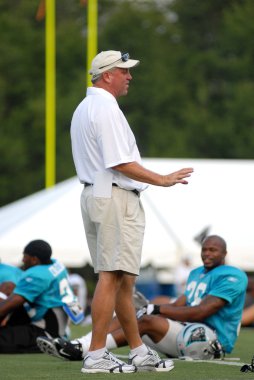 Spartanburg, sc - 28 Temmuz: carolina panthers koçu john fox görüşmeleri için kampı Temmuz 28, 2008 eğitim sırasında temsilcileri arasında oturan futbolcular kafa.