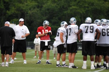 SPARTANBURG, SC - July 28: Carolina Panthers quarterback Jake Delhomme checking plays during training camp July 28, 2008. clipart