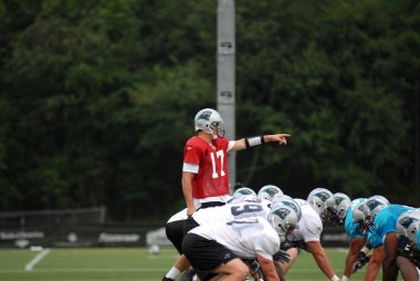 SPARTANBURG, SC - July 28: Carolina Panthers quarterback Jake Delhomme calling an audible during training camp July 28, 2008. clipart