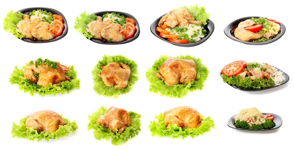 stock image Plate with food, roast chicken,isolated.