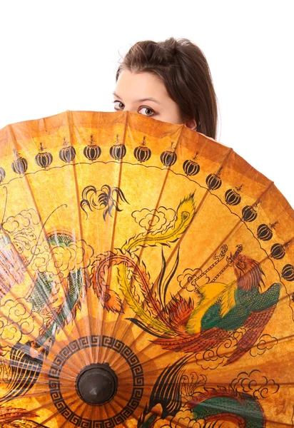 stock image Girl teenager with the Chinese umbrella, isolated.