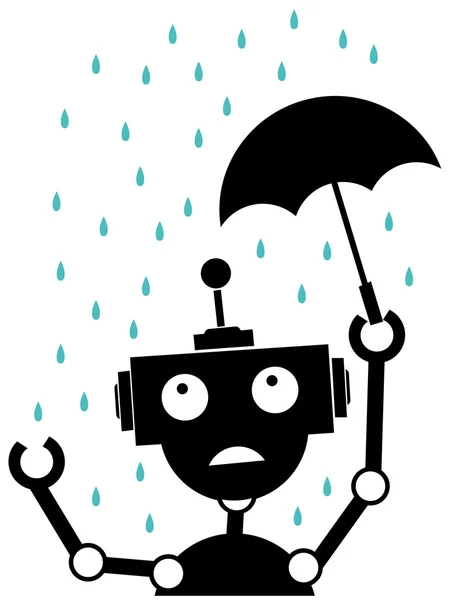 不开心的剪影机器人持伞雨中 — 图库矢量图片