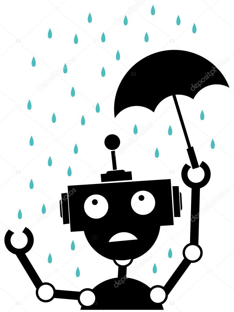 Unhappy Silhouette Robot in the rain holding Umbrella