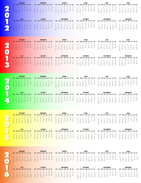 Pět rok kalendáře 2012-2016 - nedělní start — Stockový vektor