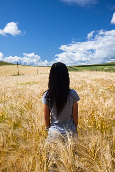 The girl stand in the wheaten field. — Stock Photo, Image