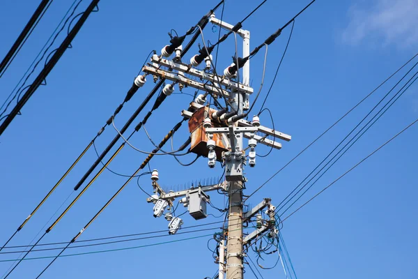 Electrical Wire Street Wood Concrete Post Blue Sky Background — Stock ...