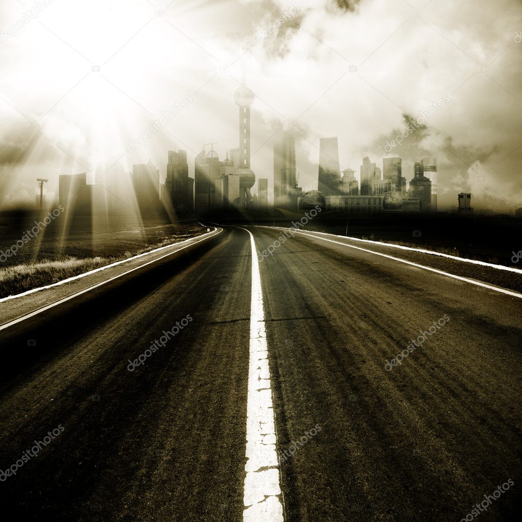 The abstract background of the road and city .