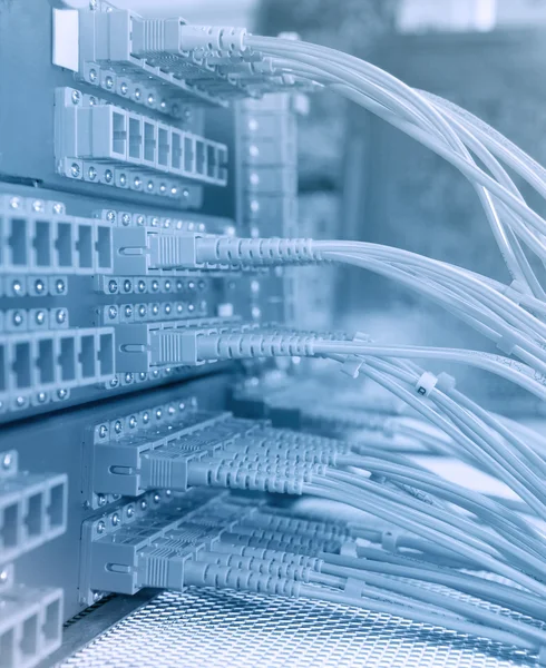 Tiro de cables de red y servidores en un centro de datos de tecnología — Foto de Stock