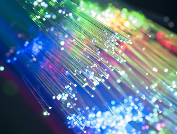 Bunch of optical fibres dinamic flying from deep on technology background — Stock Photo, Image