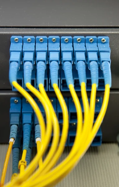 ภาพของสายเคเบิลเครือข่ายและเซิร์ฟเวอร์ในศูนย์ข้อมูลเทคโนโลยี — ภาพถ่ายสต็อก